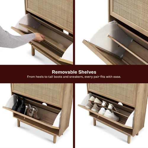Vista 4 de mopio Hannah - Gabinete para zapatos, organizador de almacenamiento de zapatos estilo granja de ratán natural, estante de armario de 3 puertas