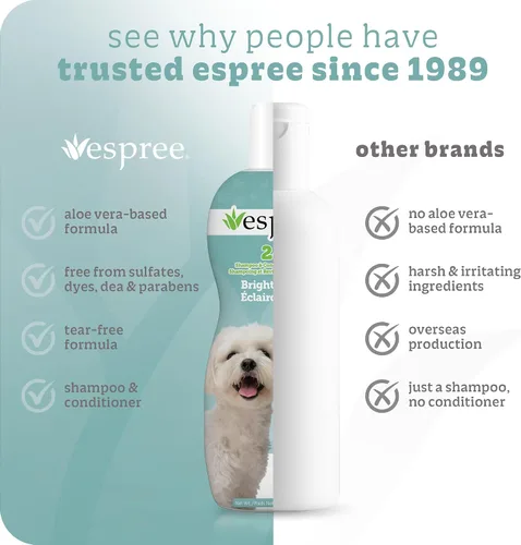Vista 5 de Espree Bright White Champú y acondicionador blanqueador para perros, fórmula iluminadora para mascotas blancas y con revestimiento ligero