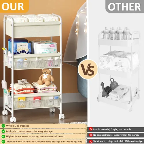 Vista 5 de Carrito organizador de pañales de 3 niveles para bebé, carritos de almacenamiento móviles con ruedas, con 2 divisores y 14 bolsillos de malla