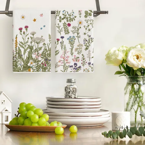 Vista 2 de Artoid Mode Toallas de Cocina con Flores Silvestres, Toallas de Cocina de Hojas de 18x26 Pulgadas, Toallas de Mano para Decoración Festiva, Juego
