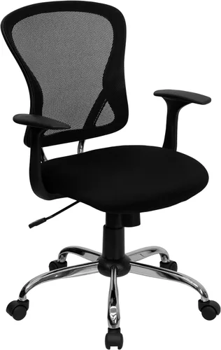 Vista 3 de EMMA + OLIVER Silla de oficina giratoria de malla negra con respaldo medio con base y brazos cromados Mid-Back, Mesh Back