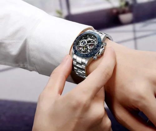 Vista 5 de LOREO Reloj automático para hombre, de acero inoxidable plateado, bisel de cerámica, fecha militar, buceo, impermeable, para hombre
