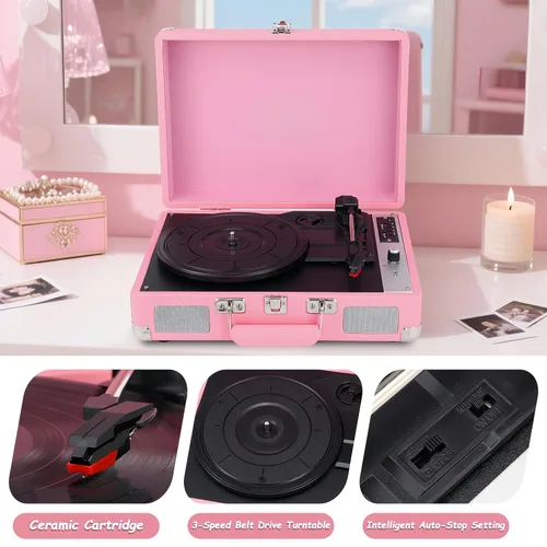 Vista 7 de Tocadiscos, reproductor de discos de vinilo con altavoces estéreo, reproductor de discos Bluetooth de 3 velocidades, tocadiscos todo en uno