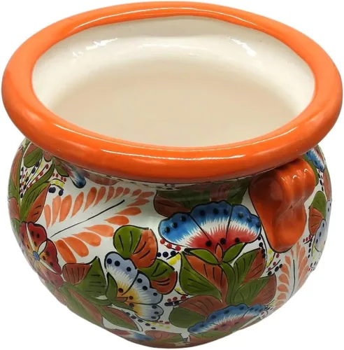 Vista 6 de Michoacana - Maceta mediana pintada a mano, para interiores y exteriores, multicolor Naranja
