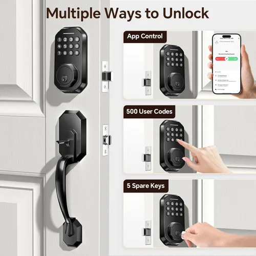 Vista 3 de Ulecoce Cerradura de puerta inteligente WiFi para puerta delantera, cerradura de puerta de entrada sin llave con control de aplicación, juego
