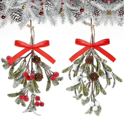 Vista 17 de Giegxin 1 pieza Adorno de Navidad Artificial de Muérdago Colgante con Lazo Rojo Bouquet de Adornos Colgantes de Navidad Floral con Piñas Naturales
