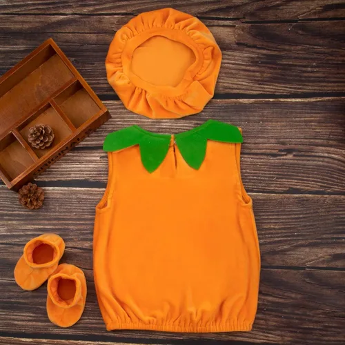 Vista 3 de Disfraz de calabaza de Halloween para bebé, camiseta sin mangas con sombrero