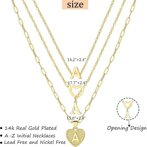 Vista 2 de FAXHION Gold Initial Necklaces for Women Girls, 3 Pcs 14K Gold Plated Letter Heart Pendant Necklaces, Dainty Gold Letter Necklace Set Layering