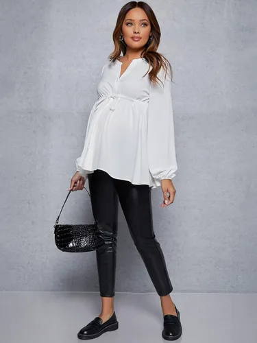 Vista 5 de MakeMeChic Camisa de maternidad de manga larga con cordón en la cintura para embarazo, blusa peplum