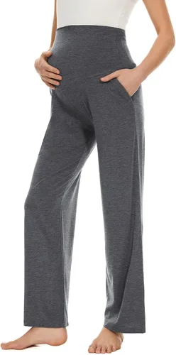 Vista 13 de Ecavus Pantalones de maternidad anchos y rectos para mujer, versátiles, cómodos, palazzo, elásticos, con bolsillos