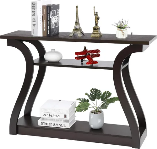 Vista 10 de Mesa consola de madera de 47 pulgadas, mesa auxiliar larga de 3 niveles con patas curvas, mesa de sofá estrecha para pasillos, salas de estar