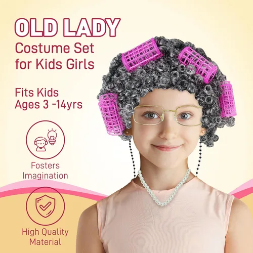 Vista 4 de 4E's Novelty Old Lady Costume for Kids - for 100 Day of School Grandma Costume for Girls, Accessory for Toddlers 3-10
