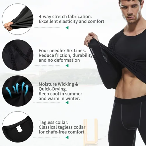 Vista 5 de Men's Compression Shirts Long Sleeve, Base-Layer Quick Dry Workout T Shirts Sports Running Tops for Gym