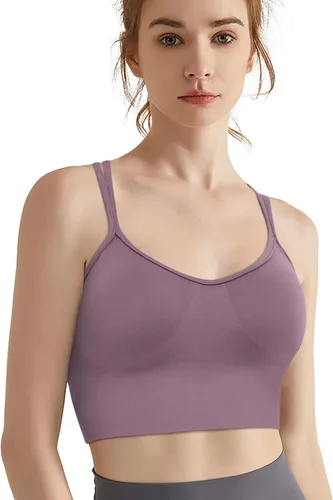 Vista 2 de VEQKING Brasier deportivo con tirantes para mujer, espalda cruzada, soporte medio, sin costuras, extraíble, acolchado, para yoga, entrenamiento