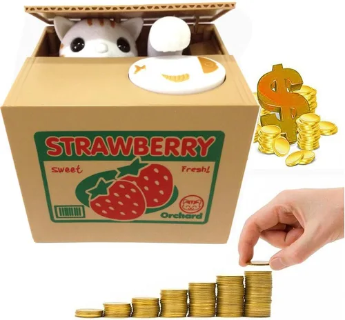 Vista 2 de Hucha de juguete HmiL-U, automática, con diseño de gato que roba monedas, regalos de cumpleaños y Navidad para niños (Fresa-Gato)