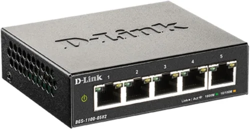 Vista 5 de D-Link Conmutador Ethernet gestionado inteligente Gigabit de 5 puertos, L2, VLAN, QoS, IGMP Snooping, LAG, interfaz de usuario web, metal resistente