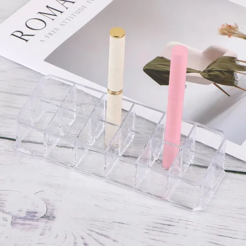 Vista 4 de Estuche organizador de lápiz labial acrílico de 12 ranuras, organizador transparente de maquillaje cosmético, soporte para almacenamiento