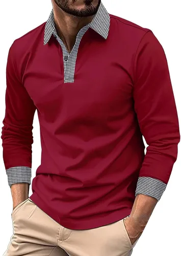 Vista 23 de Polo de manga larga para hombre, diseño casual de algodón con bolsillo, cuello clásico con botón para golf