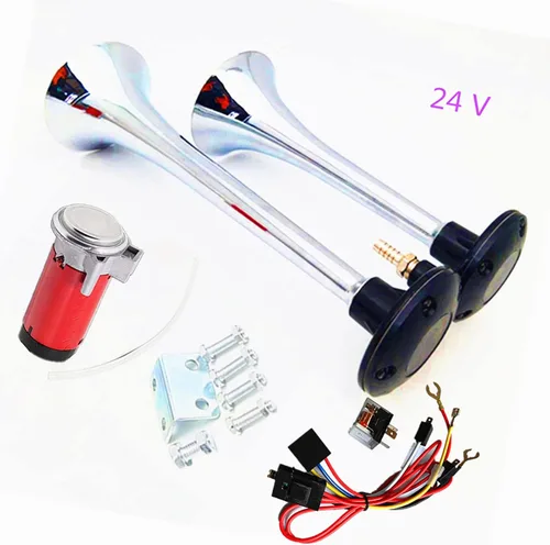 Vista 8 de Bocina de aire del coche 165DB tono alto y bajo 24 V doble tubo trompeta camión plata cromo zinc auto con dos bombas de compresor para barco