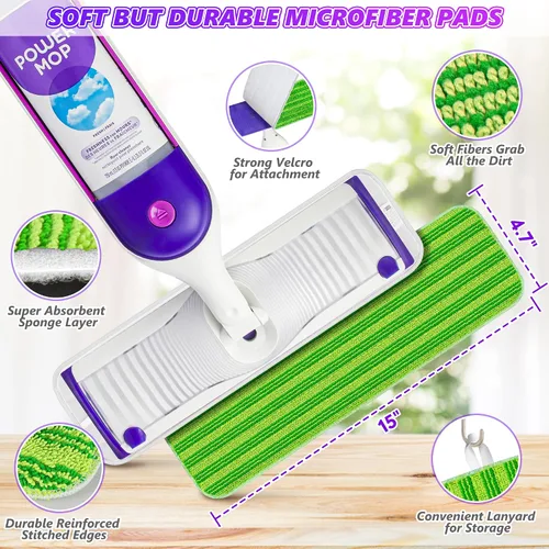 Vista 3 de Almohadillas reutilizables compatibles con Swiffer PowerMop – SEVENMAX de microfibra de 15 pulgadas, almohadillas de repuesto para trapeador