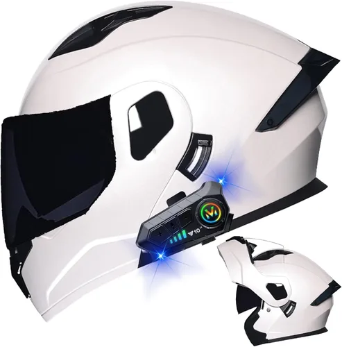 Vista 25 de Casco modular Bluetooth para motocicleta, aprobado por DOT, de cara completa, abatible, antivaho, doble visera, casco de motocicleta de calle, LENTE