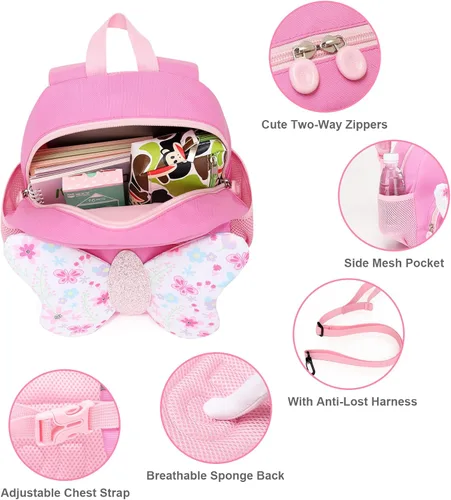 Vista 5 de SUN EIGHT Mochila infantil para niñas y niños, linda mochila escolar de dibujos animados en 3D para bebés, niños y niñas de 1 a 5 años, Mariposa