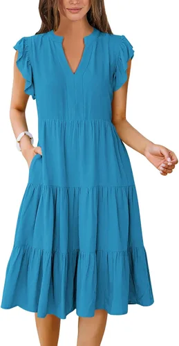 Vista 20 de ANRABESS Vestido de verano para mujer, manga con volantes, cuello en V, vestido midi a la moda, casual, holgado, escalonado, bohemio, playa