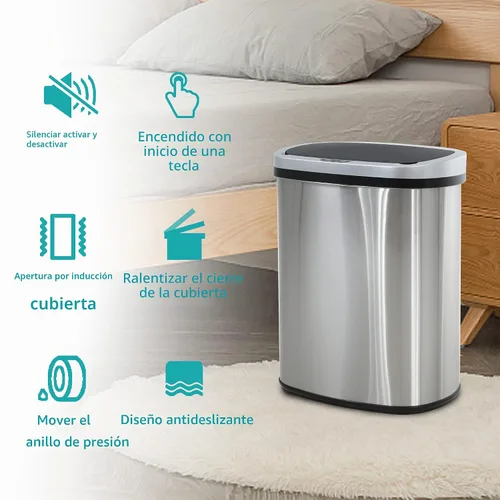 Vista 6 de PayLessHere Cubo de basura de 13 galones / 50 litros de acero inoxidable sin contacto, cubo de basura de forma ovalada para oficina, cubo de basura