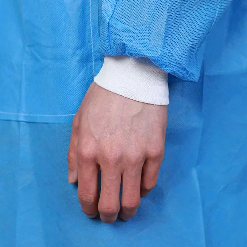 Vista 5 de Greenour Disposable Lab Coat Blue SMS with Pockets for Adult Knitted Collar and Cuffs Breathable Fluid Resistant