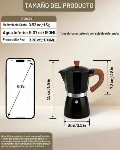 Vista 2 de Cafetera de café para estufa, cafetera de expreso de 3 tazas, olla de moka de aluminio, percolador de 5 oz 150 ml, fácil de preparar para estufas