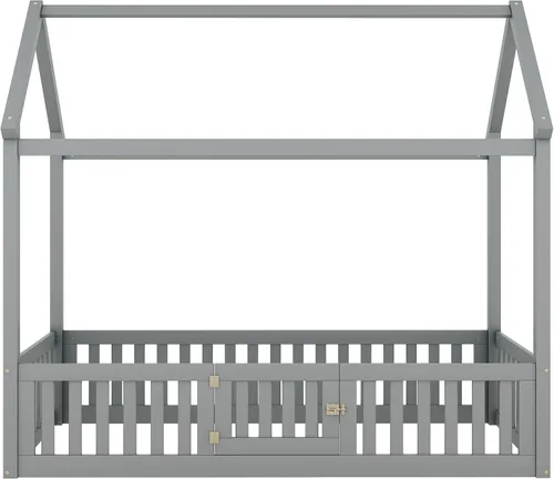 Vista 8 de Bellemave Cama Montessori de tamaño individual para niños, camas de piso de madera con barandillas de valla y puerta, cama individual para niños