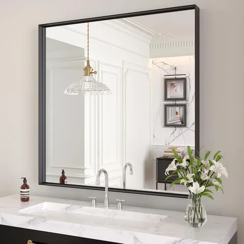 Vista 21 de LOAAO Espejo de Baño de Pared Rectangular Negro de 20"X30", Marco de Aleación de Aluminio Negro Mate, Vidrio Templado, se Cuelga Vertical u