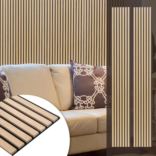 Vista 19 de Yuzzy Paneles de madera para pared y techo, paneles acústicos de listones de madera de 108 x 11 pulgadas, 2 unidades, paneles de pared modernos que