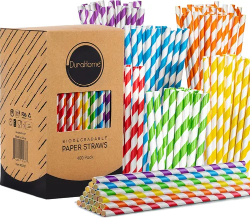 Vista 9 de DuraHome - Paquete de 200 pajitas de papel biodegradables con diseño de rayas doradas y rosas de 8.25 pulgadas para uso diario, fiesta de Dorado