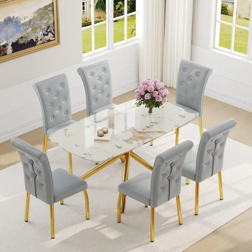 Vista 53 de Juego de mesa de comedor moderna para mesa de comedor negra de 4,63 pulgadas, juego de 4 con patas de metal dorado, mesa de cocina rectangular