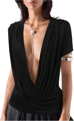 Vista 7 de SOLY HUX Camisetas de manga corta con cuello en V profundo para mujer Gris oscuro