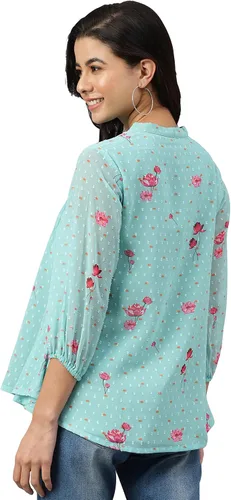 Vista 6 de Janasya Indian Sea Green Dobby Georgette - Camiseta acampanada con estampado floral para mujer