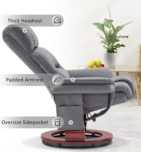 Vista 8 de MCombo Sillones reclinables giratorios con otomana, sillas reclinables de TV con masaje por vibración, silla ergonómica de piel sintética para sala