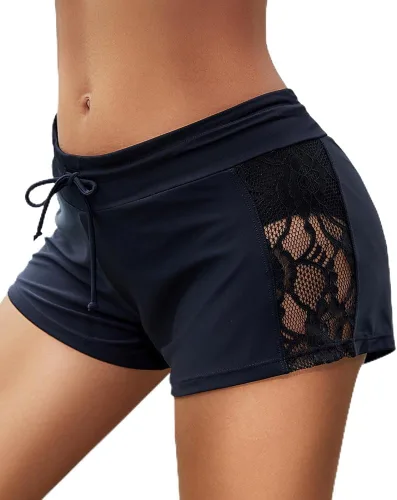 Vista 7 de Traje de baño con cintura hueca de encaje para mujer Negro1