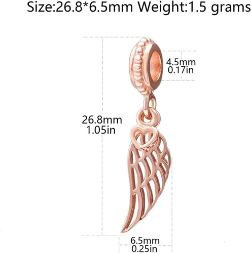 Vista 2 de Junyi Jewelry Abalorio de ala de ángel con dije de corazón de plata de ley 925 con plumas para pulsera Pandora