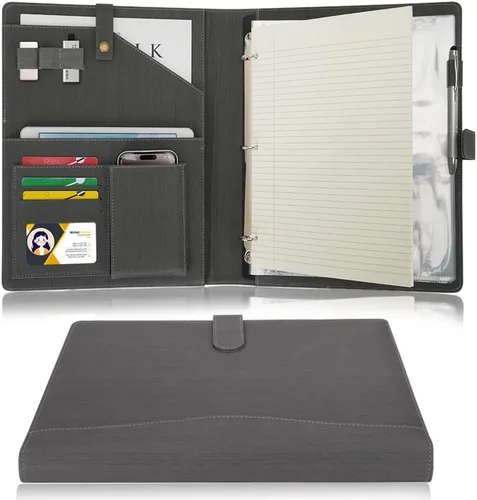 Vista 8 de Portafolio WONDERPOOL A4 de piel sintética con anillo, estuche para documentos con portafolio extraíble, multibolsillo y bloc legal para organizador