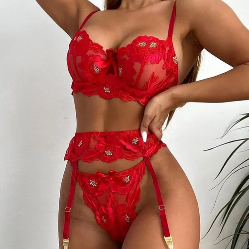 Vista 3 de Conjunto de lencería de 3 piezas para mujer con liguero sujetador de encaje y bragas tanga de cintura alta babydoll bordado floral