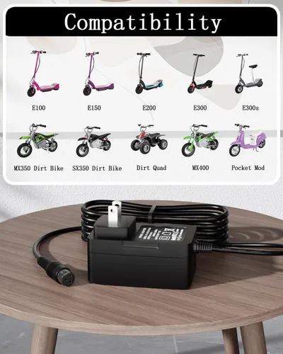 Vista 3 de Cargador para Razor MX350 Dirt Bike E100 E175 E200 E200S E300 E500 Pocket Mod, Sports Mod y Dirt Quad, batería de 24 V de repuesto de cable