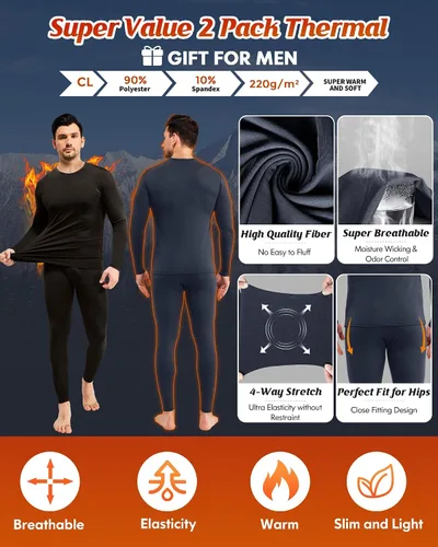 Vista 2 de CL convallaria Paquete de 2 calzoncillos térmicos largos para hombre, forro polar suave, capa base para clima frío, tallas XS-4XL