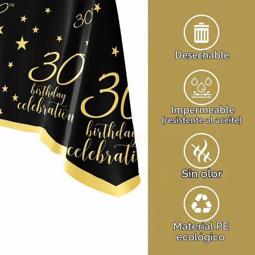 Vista 6 de Gatherfun Mantel Desechable para Cumpleaños de 30 Años Paquete de 4 Dorado y Negro Impermeable Cubierta de Mesa de Plástico para Hombres Mujeres 30