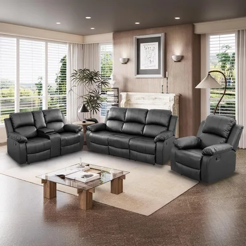 Vista 11 de Juego de Muebles para Sala de Estar, Juego de Sofá Reclinable Manual, Juegos de Sofás Reclinables de Cuero Beige con Mesa Desplegable, Sofá