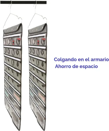 Vista 2 de Organizador de joyas colgante de doble cara con colgador para armario, collar, aretes, pulsera, anillo, soporte de viaje