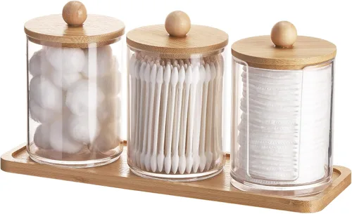 Vista 9 de Tbestmax - Soporte Qtip con bandeja de tocador, dispensador de recipientes de baño transparentes para almacenamiento, soporte para hisopos
