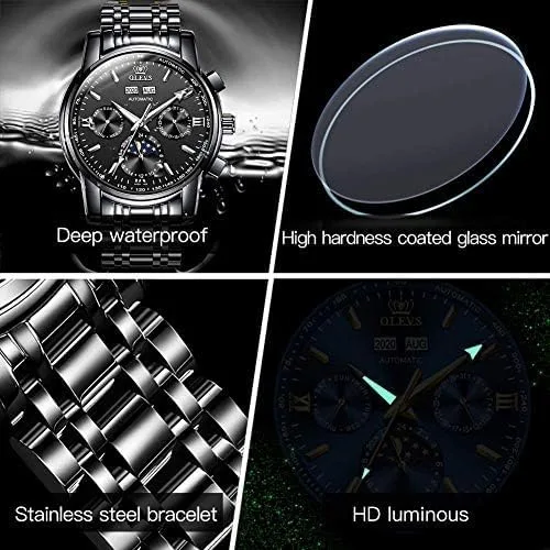 Vista 2 de OLEVS Reloj de pulsera para hombre, diseño de esqueleto, automático, de lujo, con cara grande, multicalendario, de acero inoxidable, impermeable