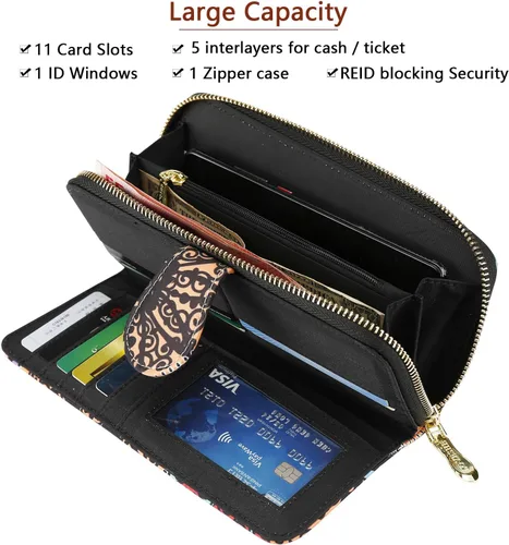 Vista 4 de Cartera de mano para mujer, estilo bohemio, con RFID, elegante, espaciosa con correa para viajes, capacidad para tarjetas, teléfono, dinero